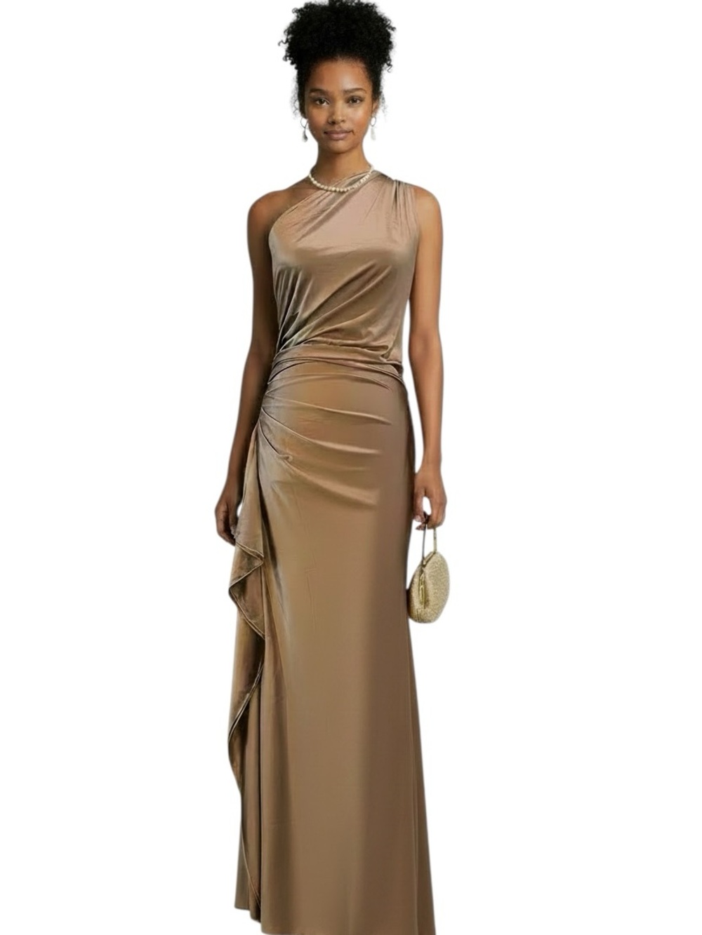 OYS One Shoulder Satin Maxi Dress Bronze Brown Size M Evening Formal